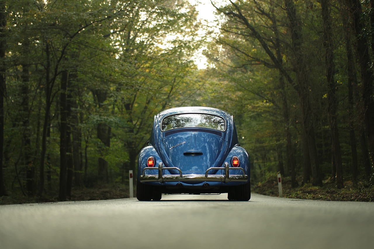 vintage blue car driving on a road in the woods